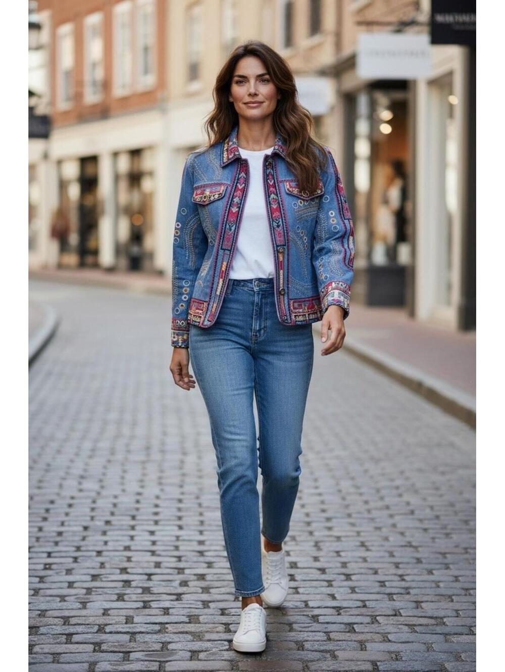 Coldwater Creek Embroidered Bohemian Hippie Denim Jacket Long Sleeve Womens M